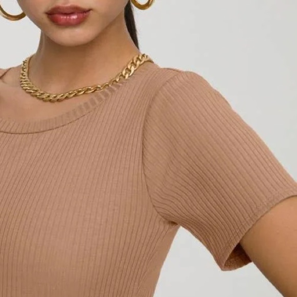 GOOD AMERICAN size 4 XL Shirt Sleeve Ribbed Flare Hem Midi Dress Tan Lined - Picture 2 of 6